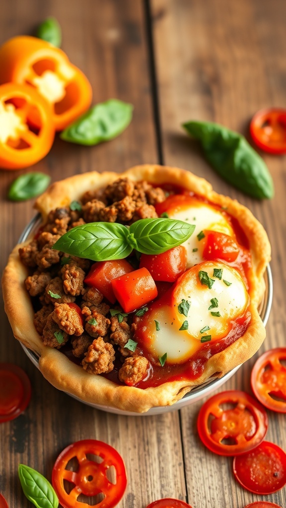 A crustless pizza bowl with ground meat, marinara sauce, and melted cheese, garnished with basil on a wooden table.
